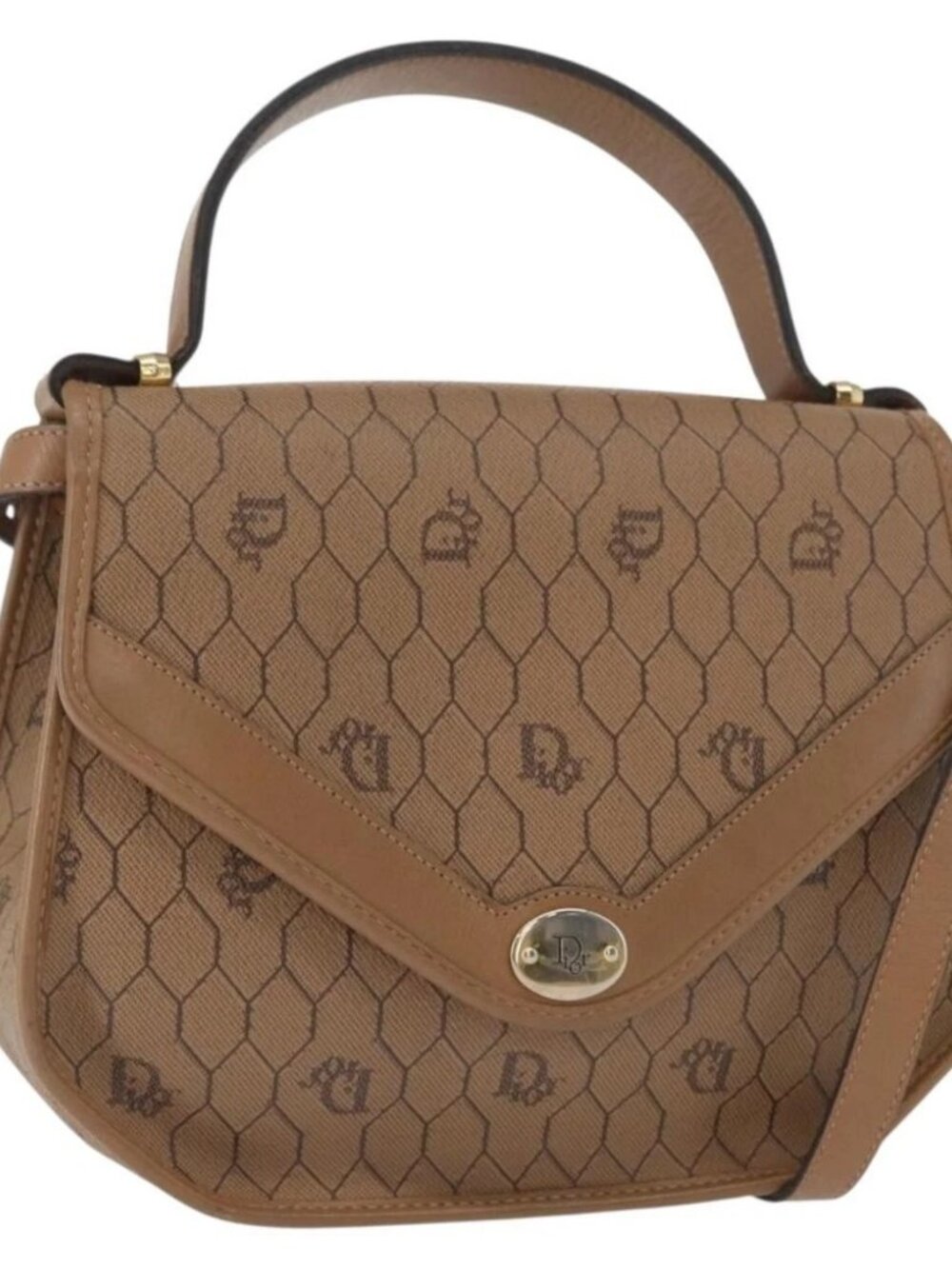 Christian Dior Honeycomb Canvas Hand Bag PVC Leather 2way Beige Gold Auth BA9582